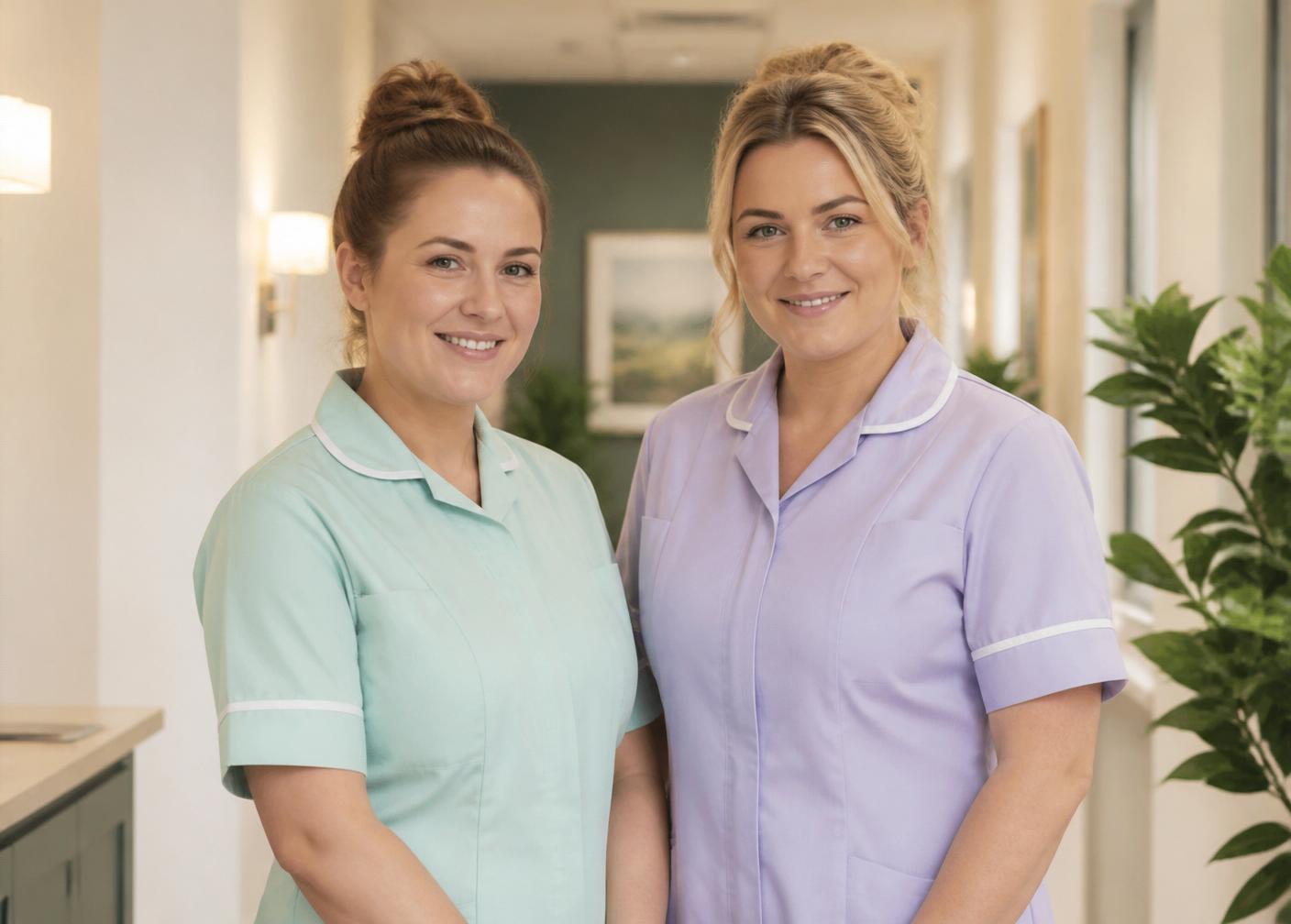 Two friendly care workers in soft uniforms