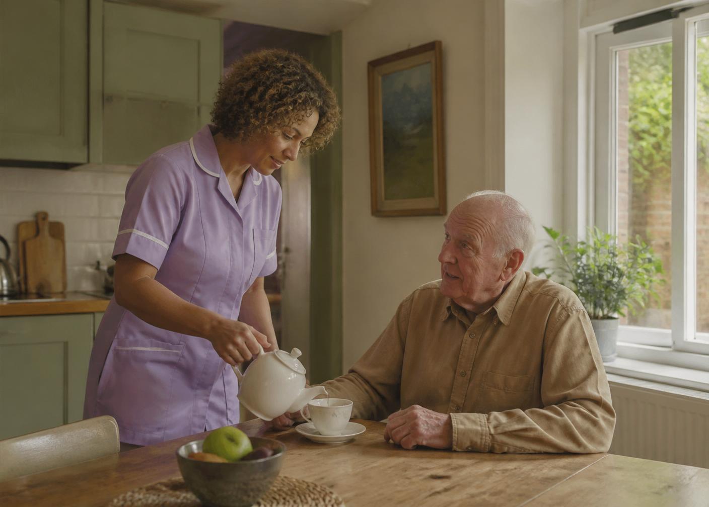 A carer pouring tea for an older man in a warm kitchen