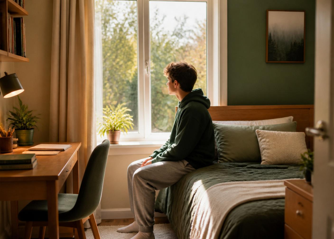 A young person sitting quietly by a window in a warm, well-kept bedroom
